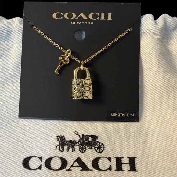 Coach Jewelry - Coach Quilted Lock & Key Gold Chain Necklace NWT W Cotton Coach Jewelry Dust Bag